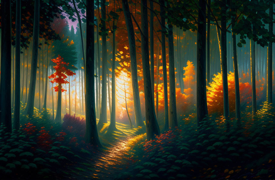 Vibrant autumn foliage illuminated by sunlight in a forest