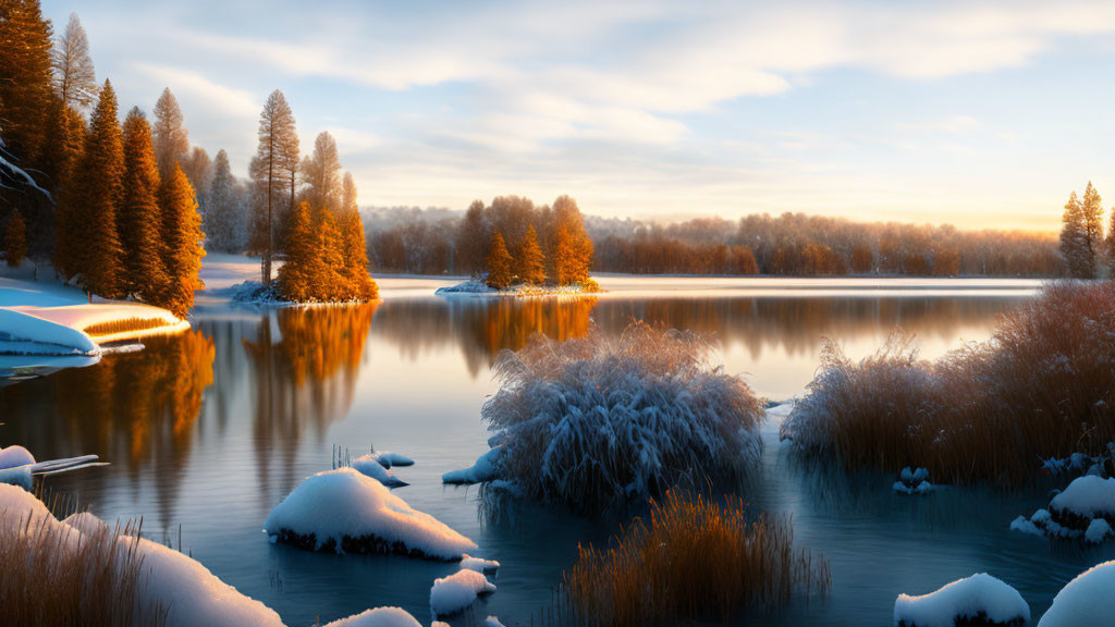 Snow-covered trees, calm lake, warm sunrise reflection in serene winter landscape