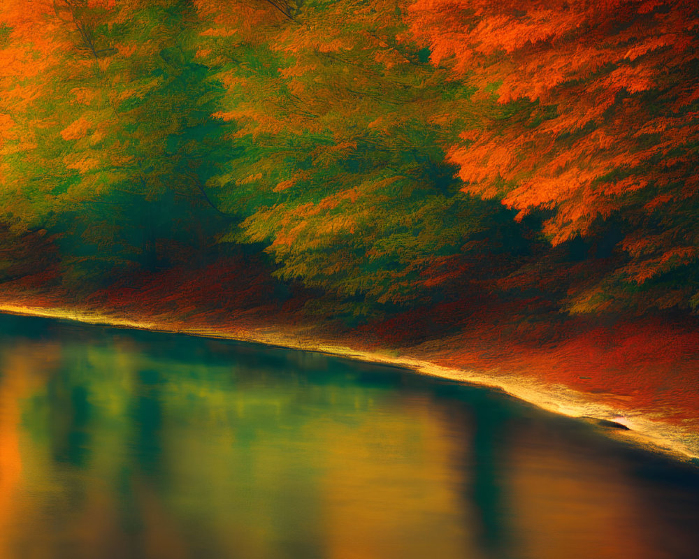 Tranquil autumn forest with vibrant orange and green foliage reflected in water