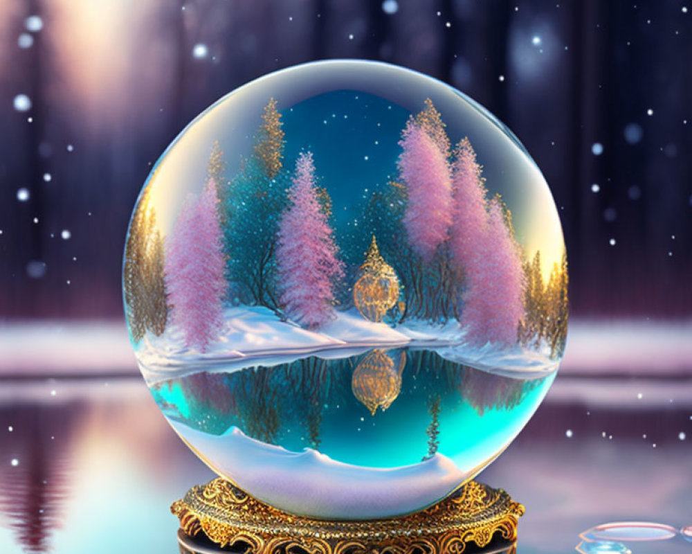 Crystal ball digital art: Wintry forest, colorful trees, serene water, twilight backdrop