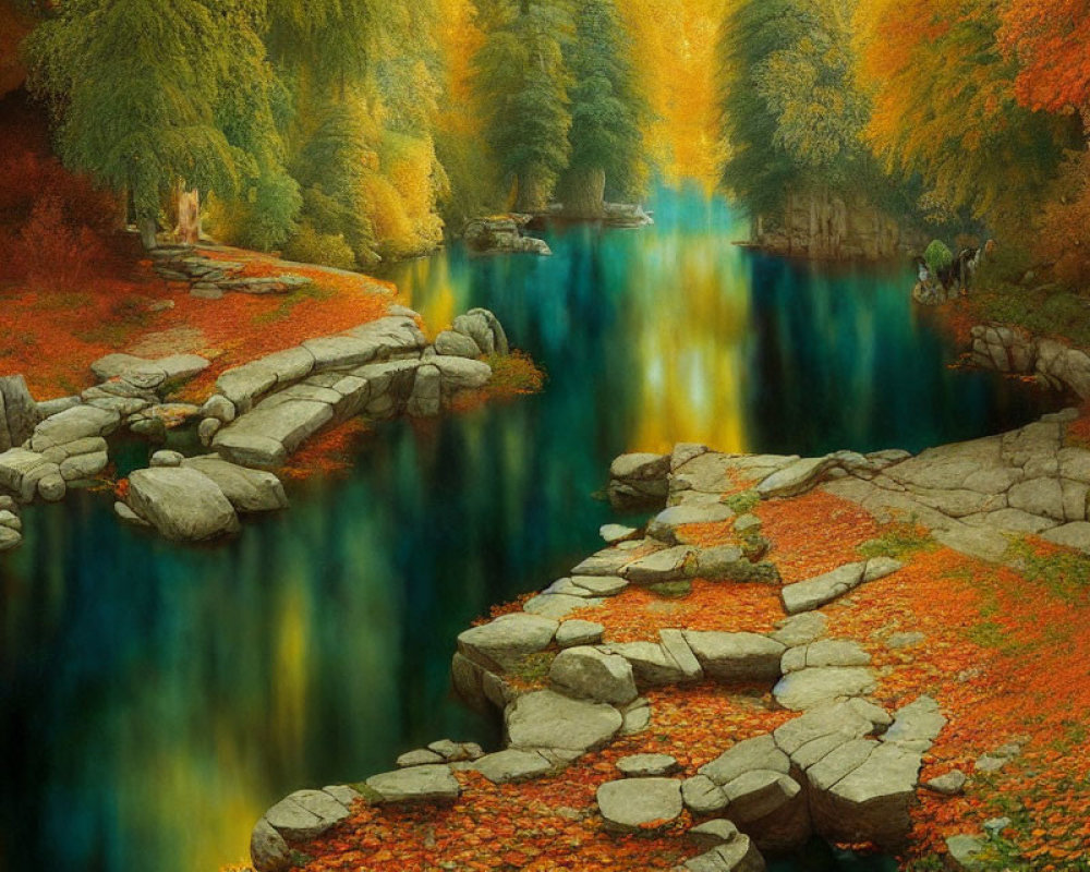 Tranquil autumn landscape with stone pathway over river