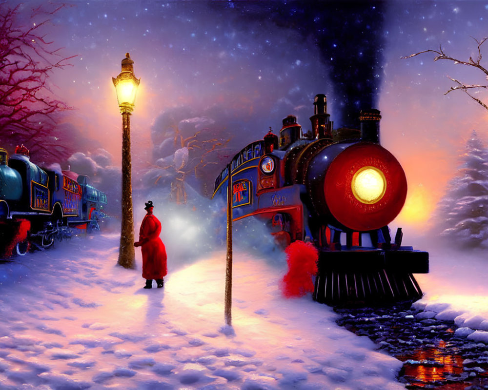 Person in red coat watches vintage blue steam train in snowy twilight scene