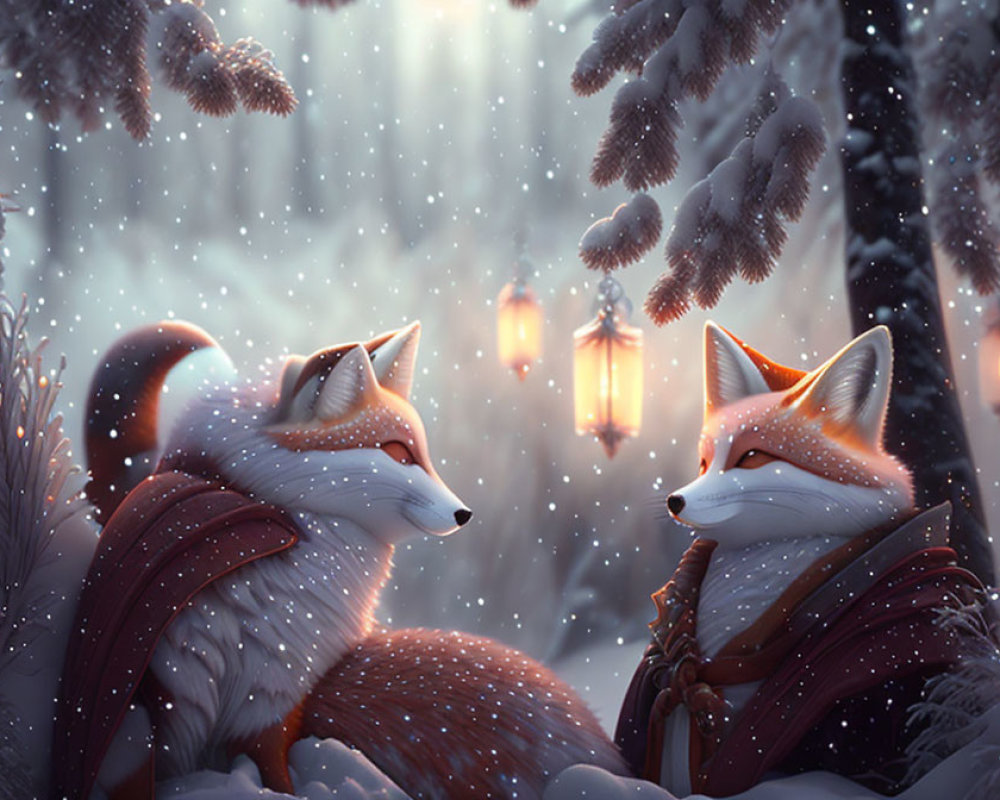 Foxes with scarves under snowy pine trees and lanterns in enchanted winter scene