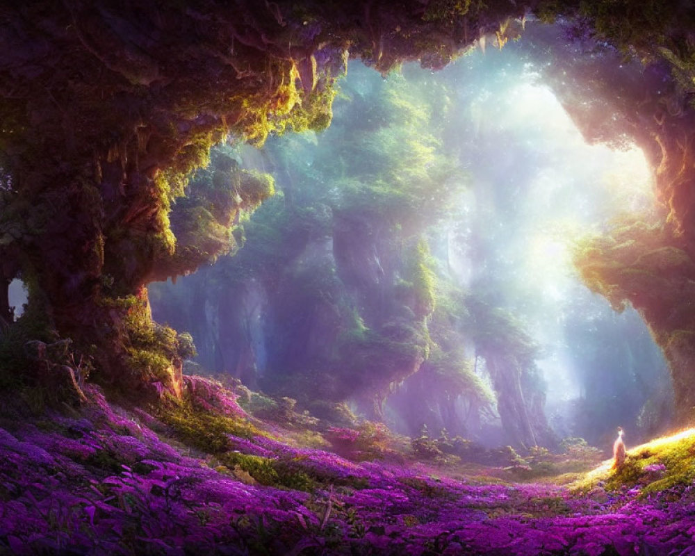 Person in mystical forest among vibrant purple flora and moss-covered cliffs.