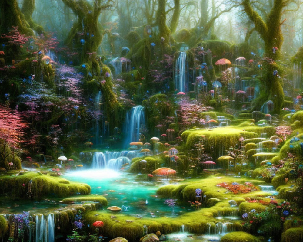 Vibrant mystical forest with cascading waterfalls and luminescent mushrooms