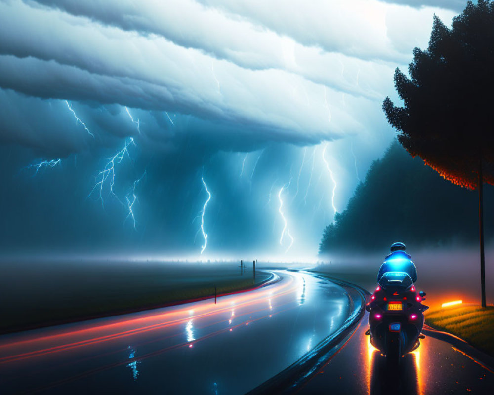 Motorcyclist riding on wet road at night in thunderstorm with lightning strikes