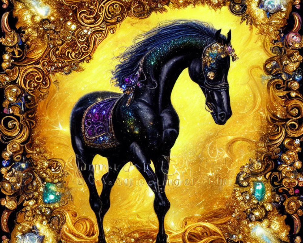 Majestic black horse with cosmic, glittering mane in ornate gold swirl.