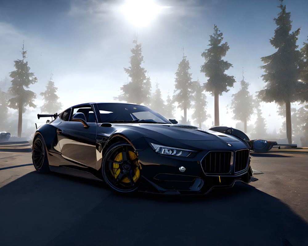 Black Sports Car with Yellow Brake Calipers in Sunny Pine Tree Setting