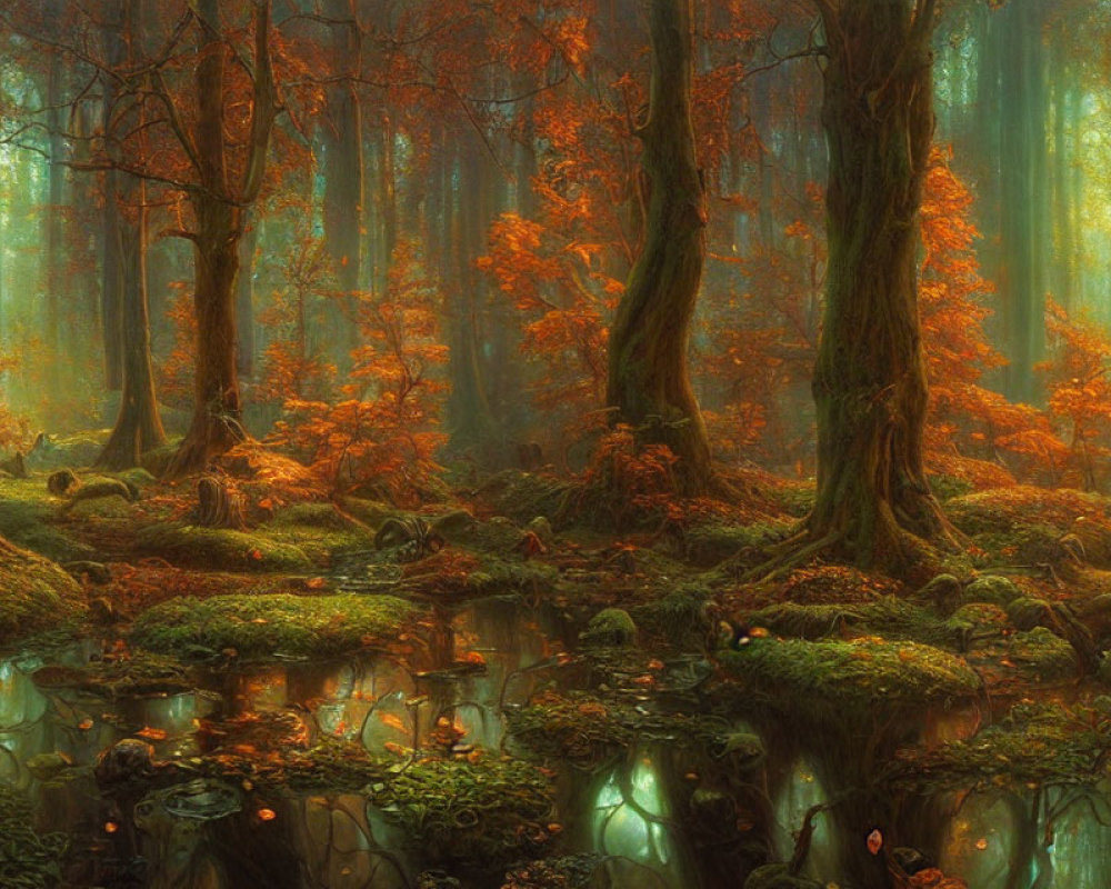 Mystical Forest with Green and Orange Foliage and Serene Pond