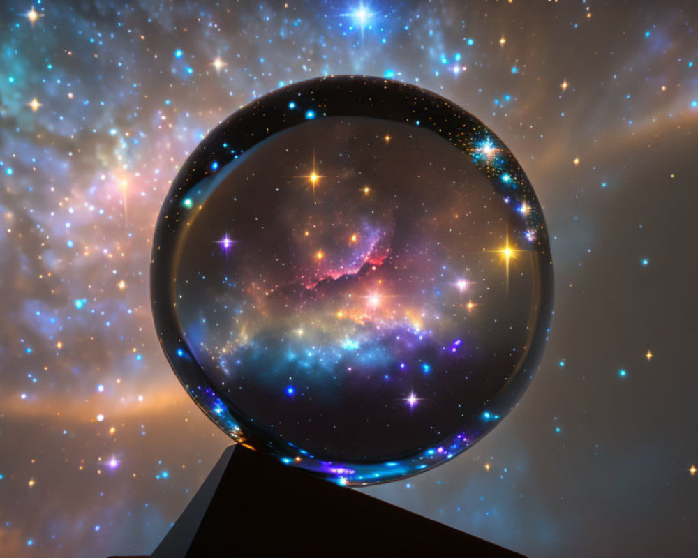 Cosmic crystal ball with stars and nebulae on reflective surface