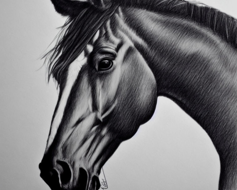 Detailed pencil drawing of a horse's head with focused expression