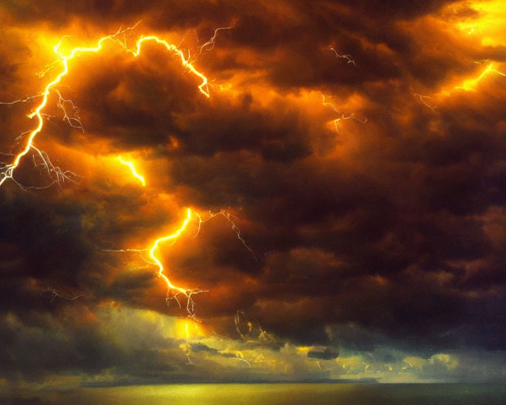 Golden Clouds and Lightning Strikes in Dramatic Sky