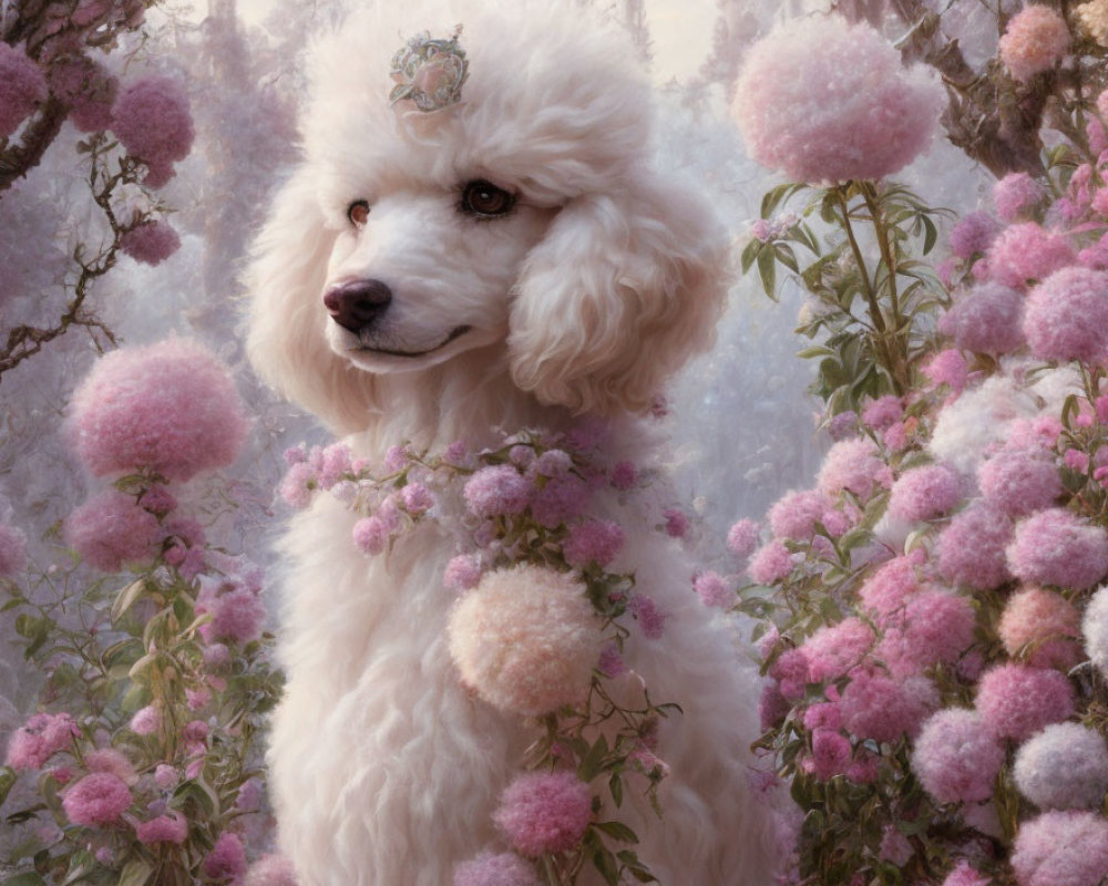 White Poodle with Pink Flower Crown in Soft, Whimsical Setting