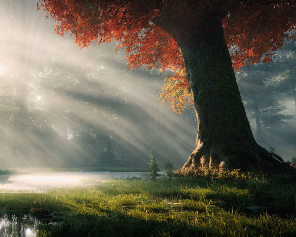 Tranquil forest scene with sunbeams, red tree, and pond