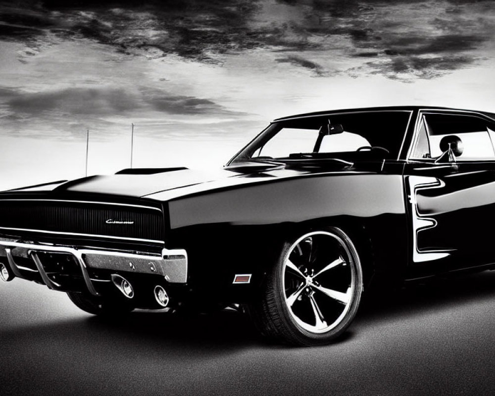 Classic Black Muscle Car with Chrome Accents and Driver in Monochrome Setting