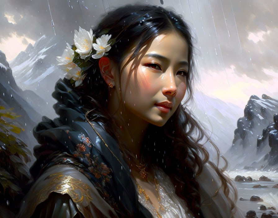 Detailed painting of serene woman with flowers in hair against stormy backdrop