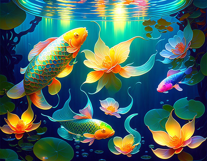 Colorful digital artwork: Koi fish and lotus flowers in serene water