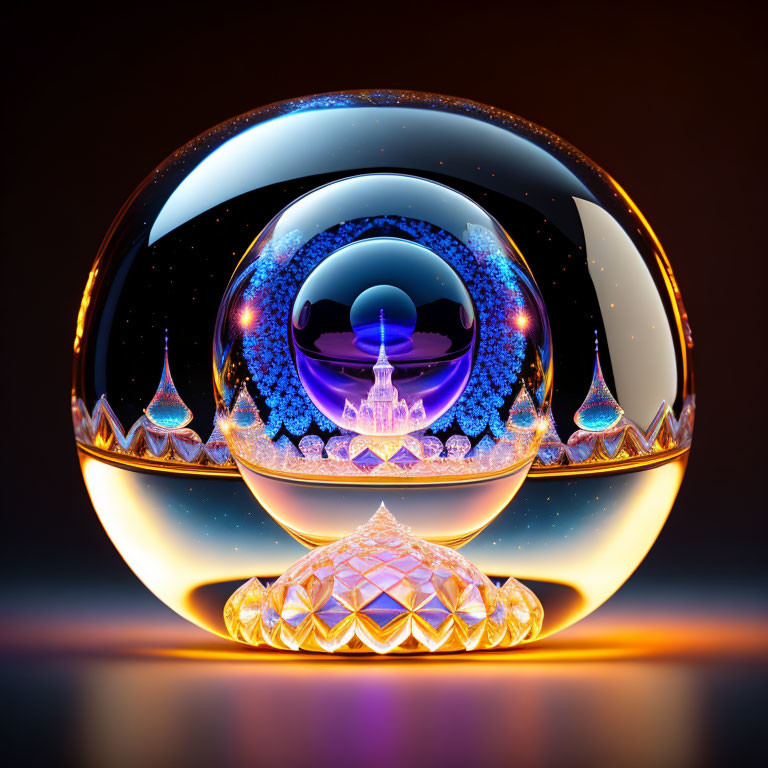 Reflective sphere with intricate designs on illuminated base