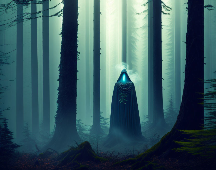 Mystical figure in cloak in misty forest with light beams