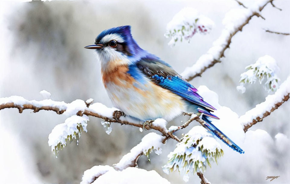 Colorful Bird with Blue, White, and Brown Plumage on Snow-Covered Branch