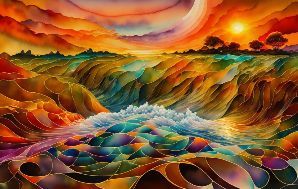 Colorful Rolling Hills Painting with Sunset Sky and Central Flower Burst