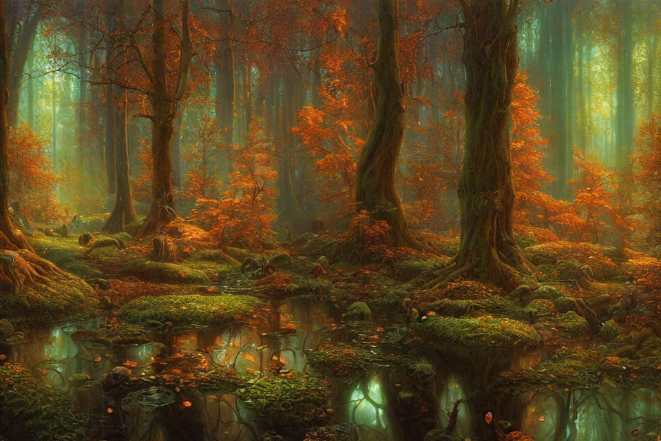 Mystical Forest with Green and Orange Foliage and Serene Pond