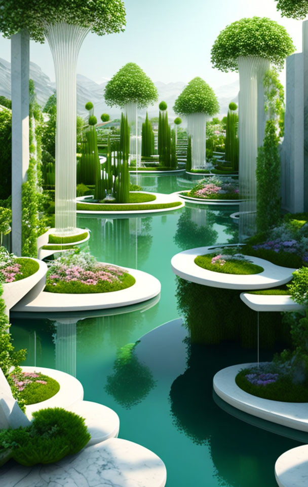 Tranquil futuristic garden with circular terraces and lush greenery