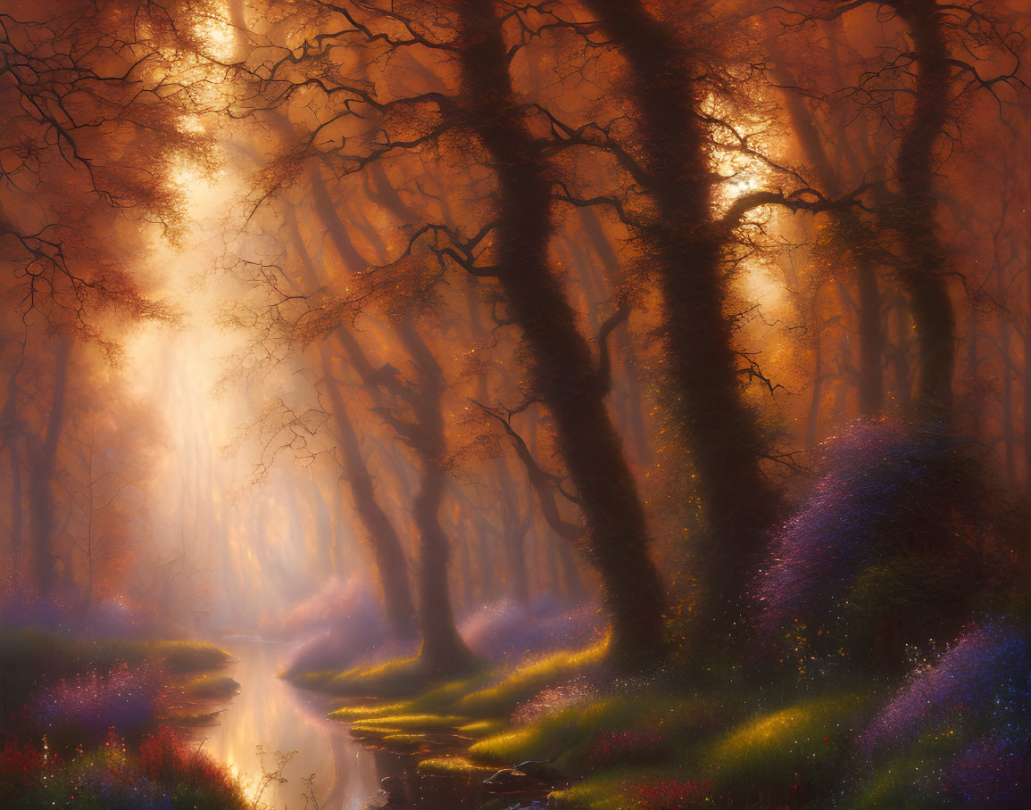 Enchanting forest scene with sunlight, twisted trees, and colorful flowers