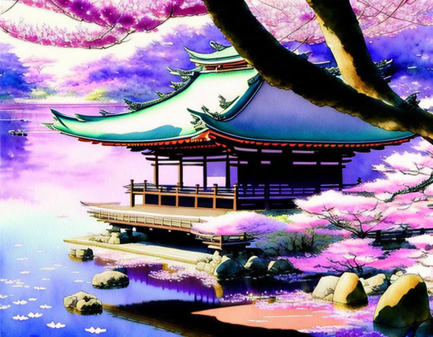 Vibrant Asian pavilion by lake with cherry blossoms