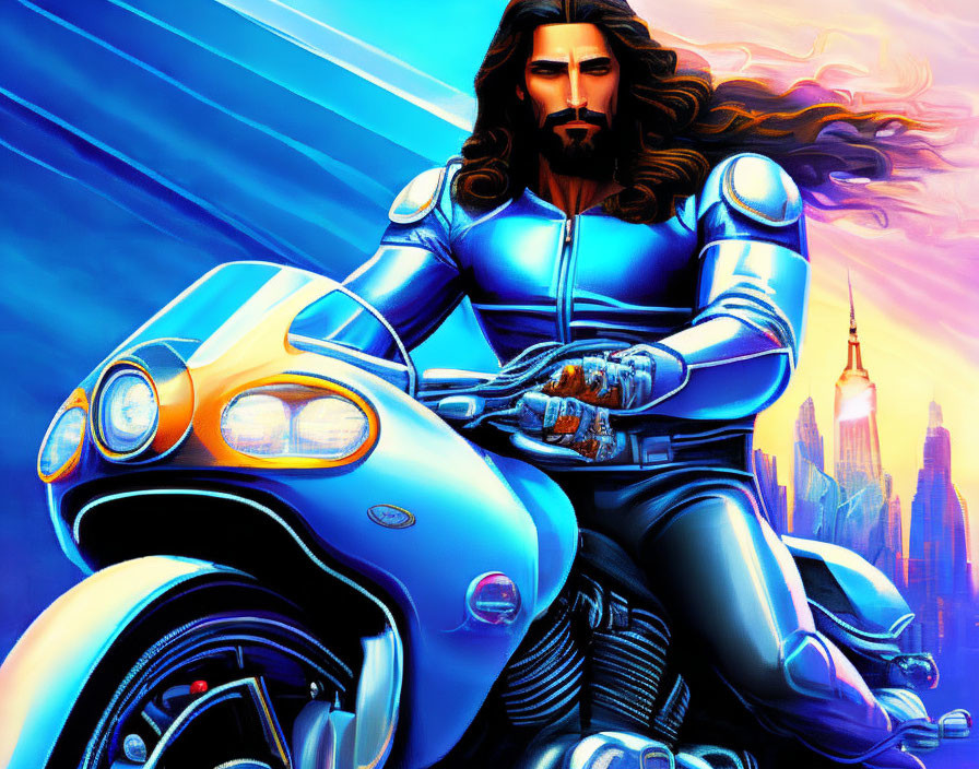 Futuristic motorcycle rider in blue suit against vibrant cityscape