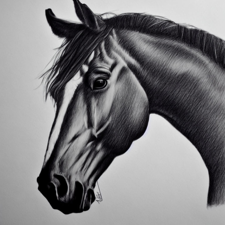 Detailed pencil drawing of a horse's head with focused expression