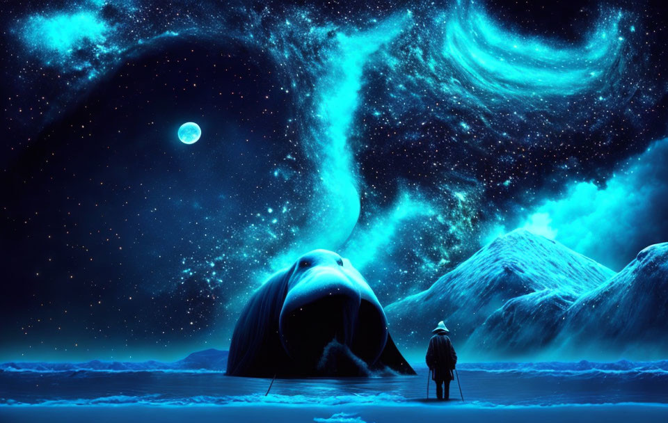 Person gazes at icy mountains under starry sky with whale-like creature emerging from snow