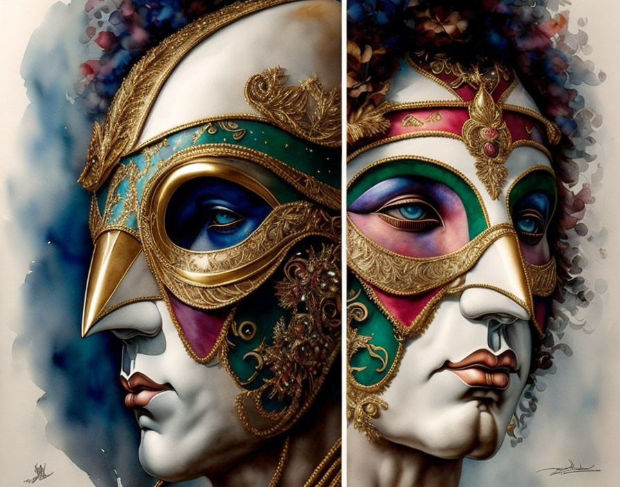 Ornate Venetian Masks with Gold Detailing and Feathers