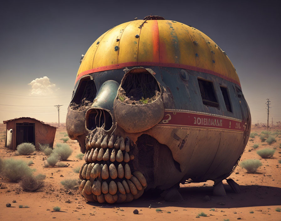 Skull-shaped bus with colorful stripes abandoned in desert landscape