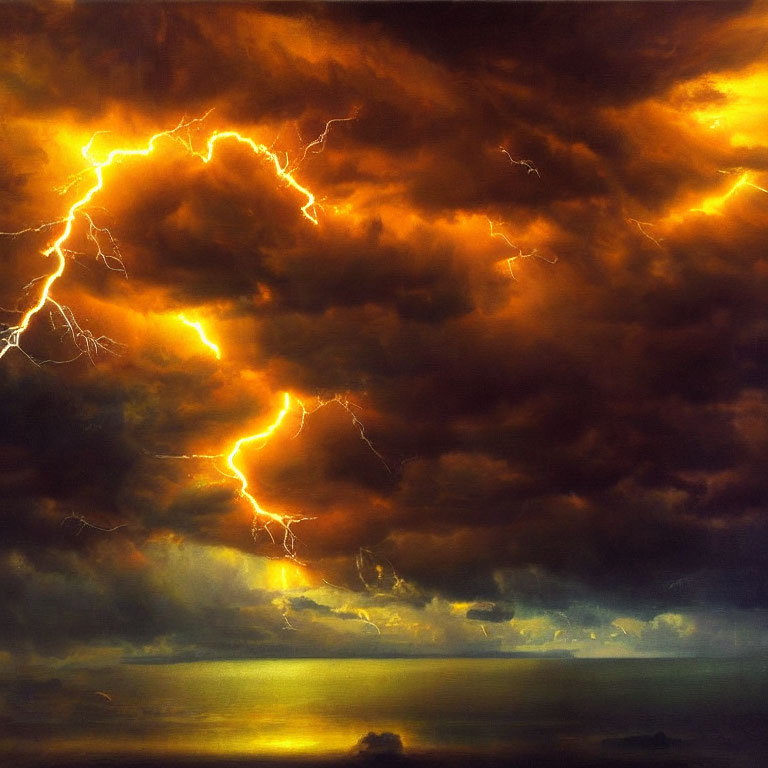 Golden Clouds and Lightning Strikes in Dramatic Sky