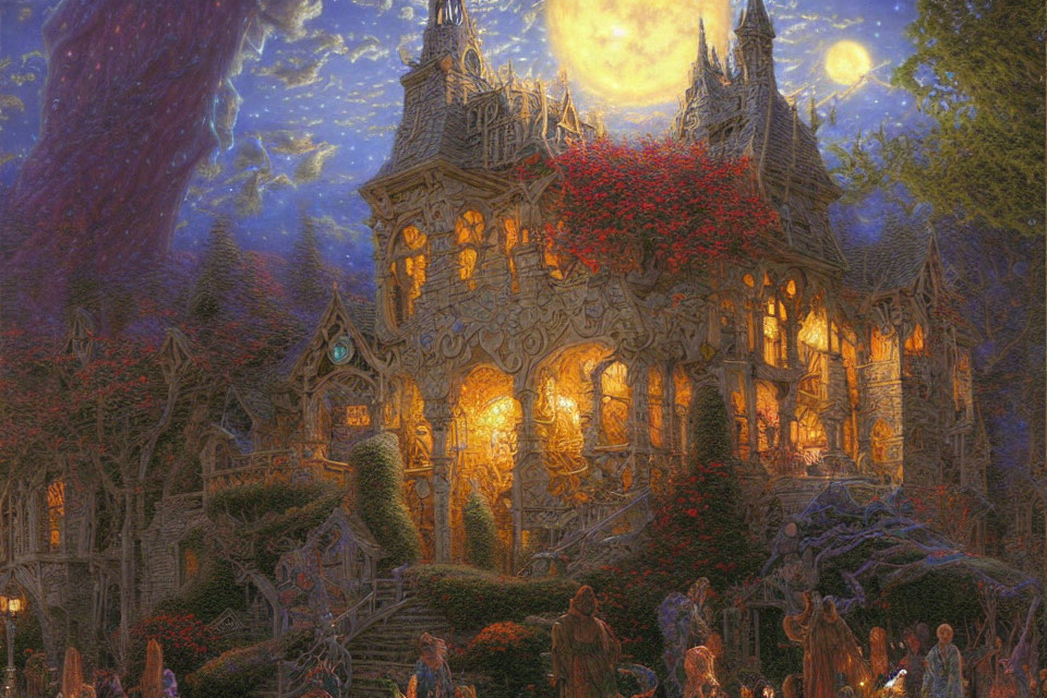 Ethereal fantasy mansion with ivy, moon, and ghostly figures