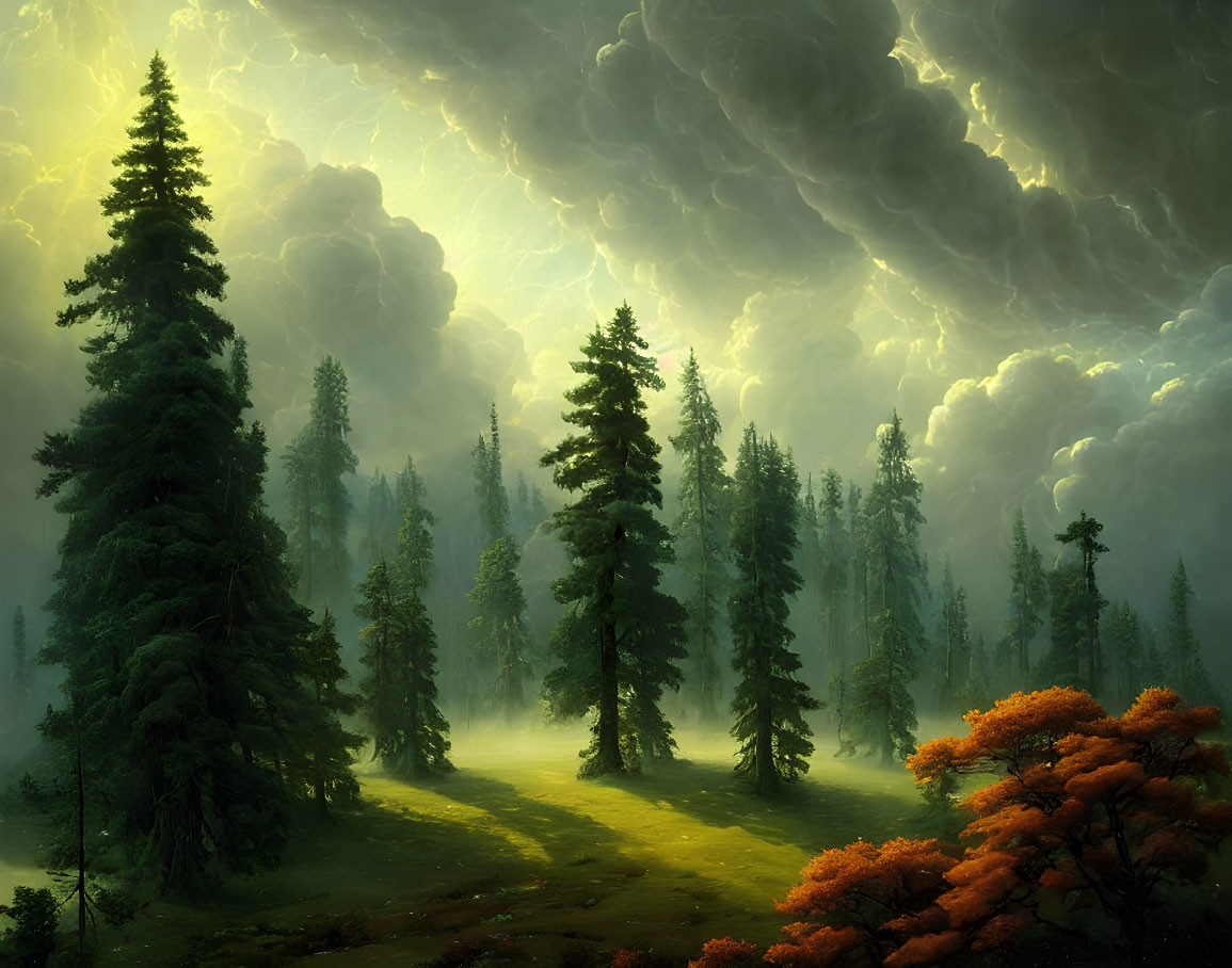 Mystic forest with towering evergreens under dramatic sky