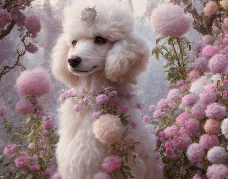 White Poodle with Pink Flower Crown in Soft, Whimsical Setting