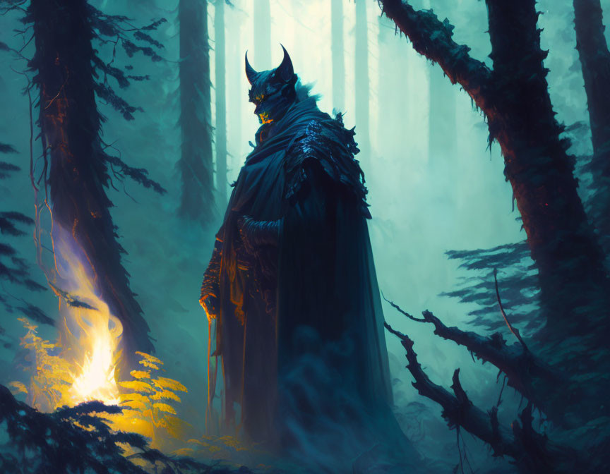 Mysterious horned figure in dark robe in mystical forest with fire