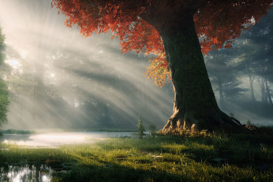 Tranquil forest scene with sunbeams, red tree, and pond