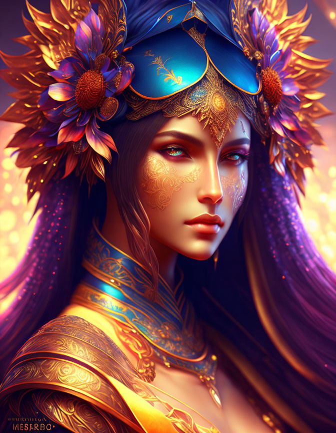 Woman with Gold Patterns, Violet Eyes, and Floral Headpiece