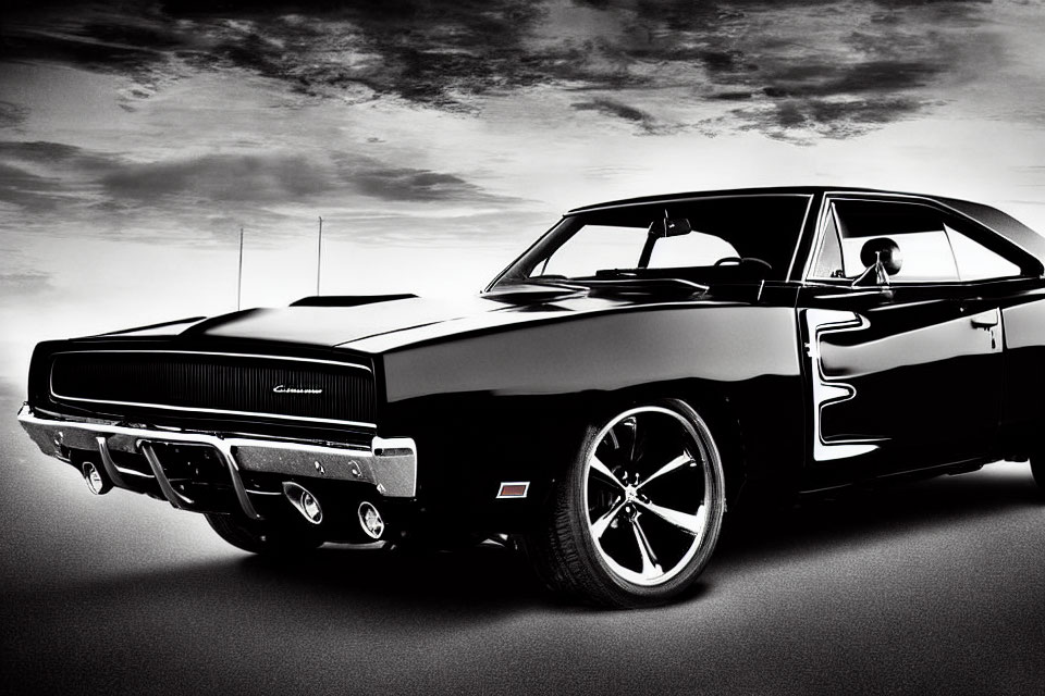 Classic Black Muscle Car with Chrome Accents and Driver in Monochrome Setting