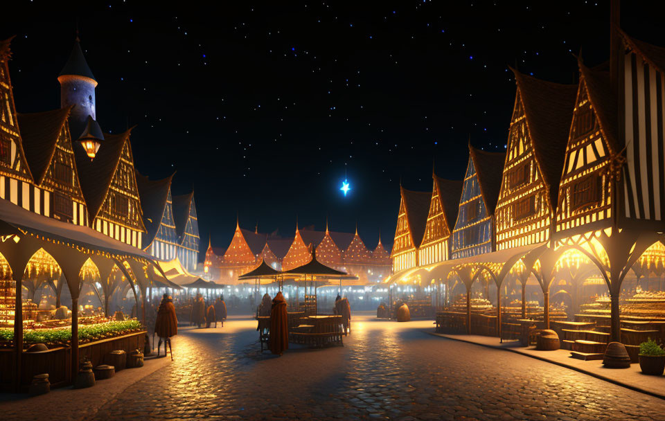 Medieval town square at night with illuminated market stalls and timber-framed buildings.