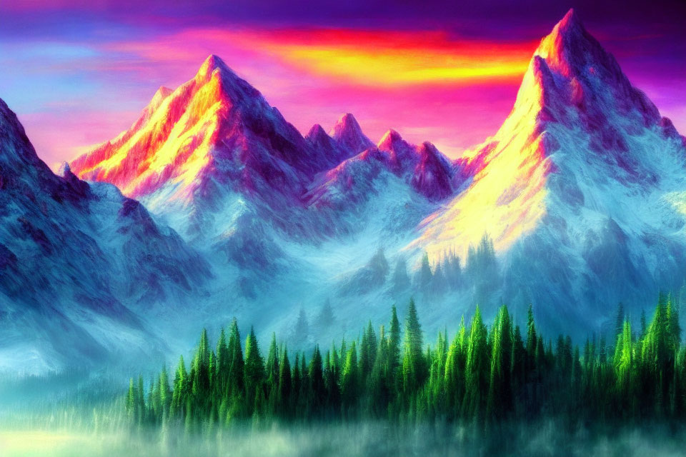 Colorful sunset sky over snow-capped mountain range artwork