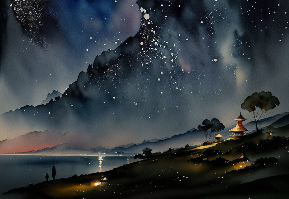 Starry Night Landscape: Pagoda, People Silhouettes, Water Reflections