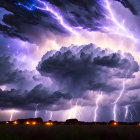 Dramatic night thunderstorm with lightning strikes illuminating dark clouds