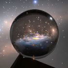 Cosmic crystal ball with stars and nebulae on reflective surface