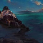 Surreal cosmic whale scene with starlit sky, serene waters, mountains, and smaller whale