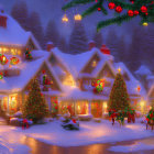 Snowy Holiday Village with Illuminated Buildings and Santa Claus Figures