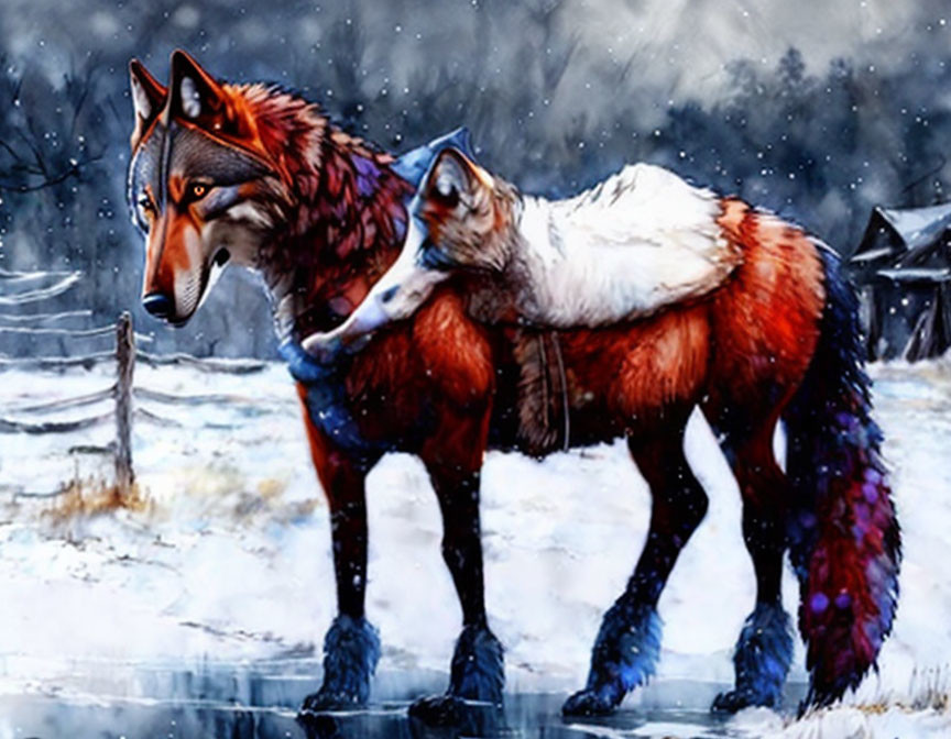 Colorful wolf digital art in snowy landscape with rustic elements